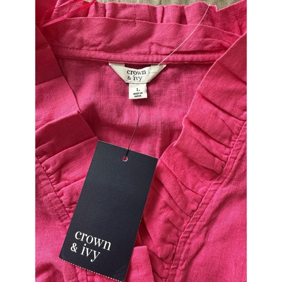 Crown & Ivy Womens L NWT Hot Pink Linen Blend Sleeveless Ruffle Neck Blouse - Picture 3 of 7